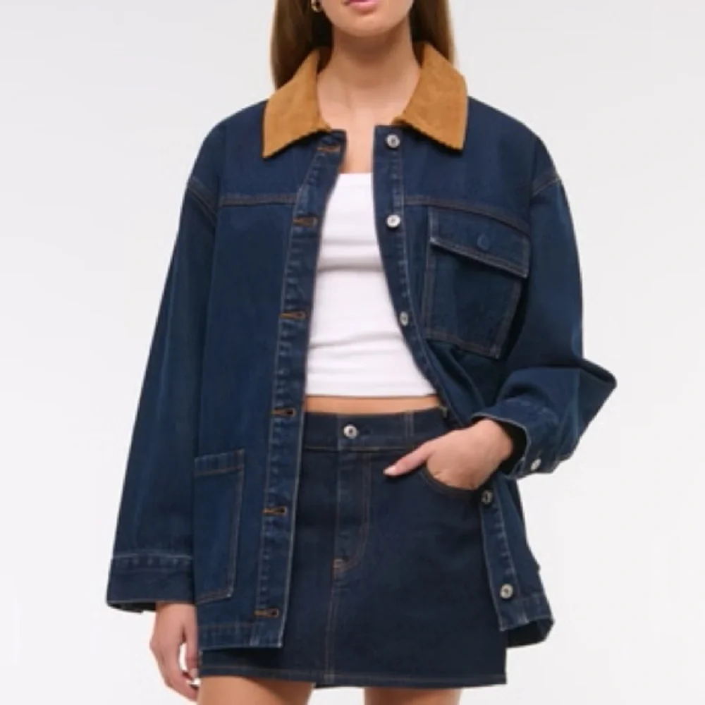 Abercrombie & Fitch Oversized Denim Utility Jacket Sz Large Blue Corduroy Collar - Picture 2 of 8